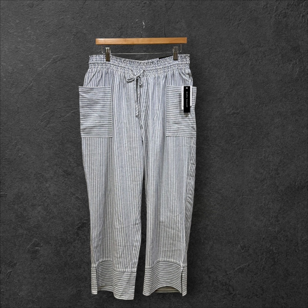 Napa Valley 1X Linen‎ Blend Striped Pull On Pants Chambray Blue White NEW